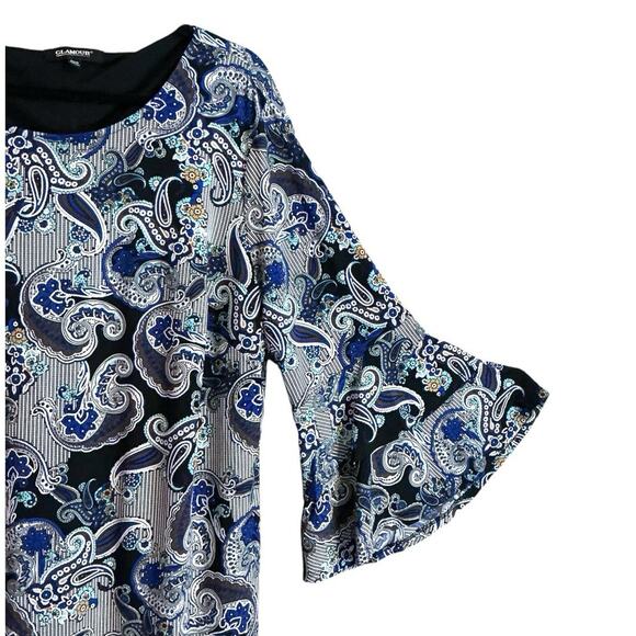 Glamour 2OW Blue Black & White Paisley Print Career Dress Tiered Bell Sleeves - Picture 10 of 10